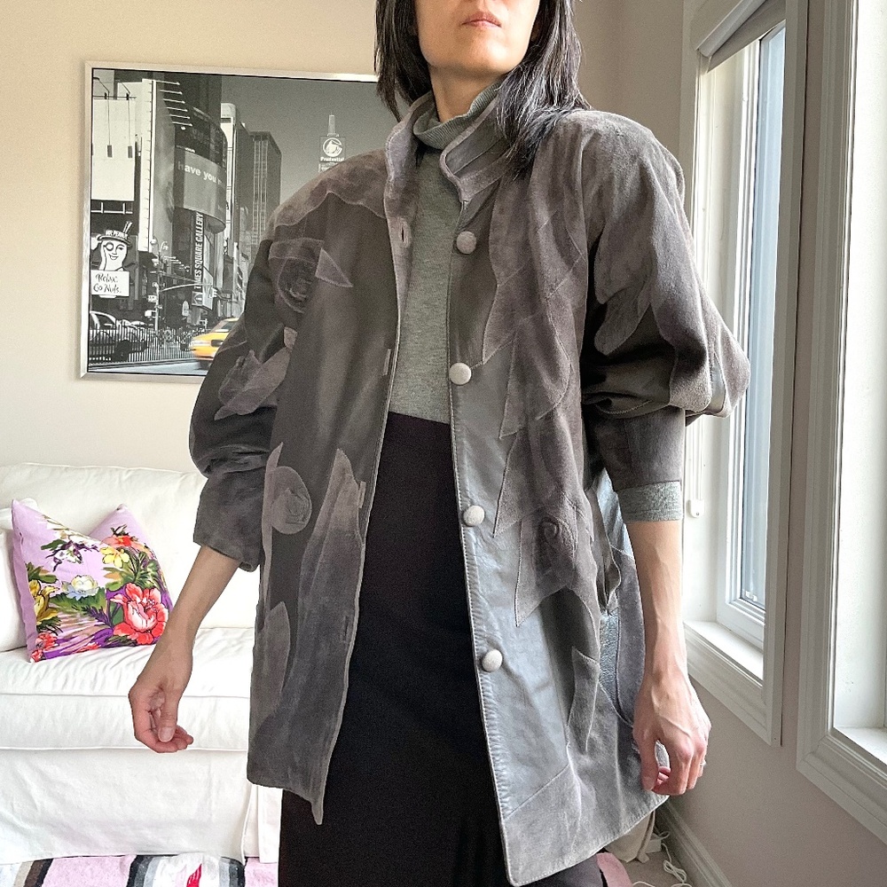 Vintage suede applique and rosette leather jacket